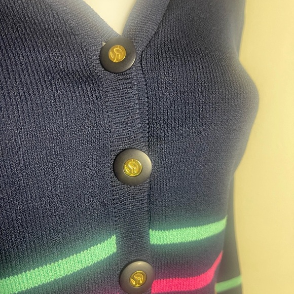 St. John knit Navy Cardigan sweater jacket with Multicolor Stripes - Picture 5 of 9